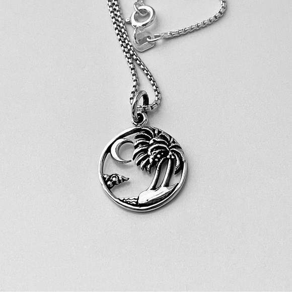 Sterling Silver Beach Palm Tree with Moon Necklace, Silver Necklace, Tropical - Picture 13 of 13